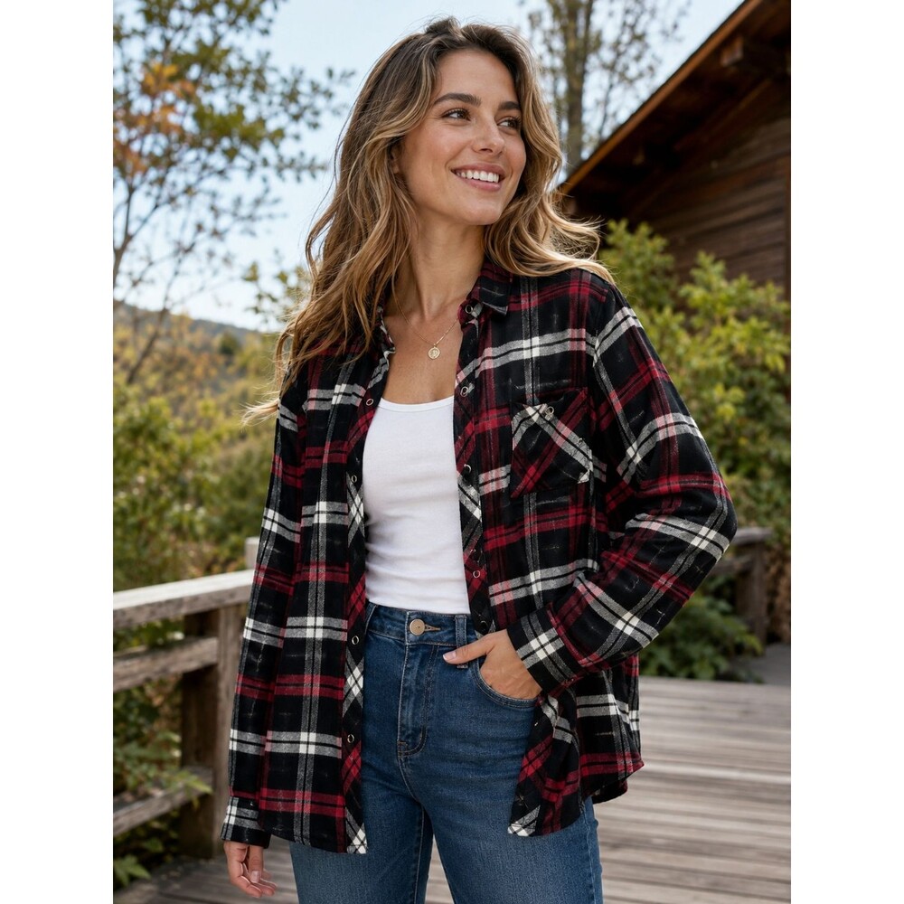 CJ Banks Rayon Shirt Womens 1X Plaid Red Black White Snap Front Soft Equestrian